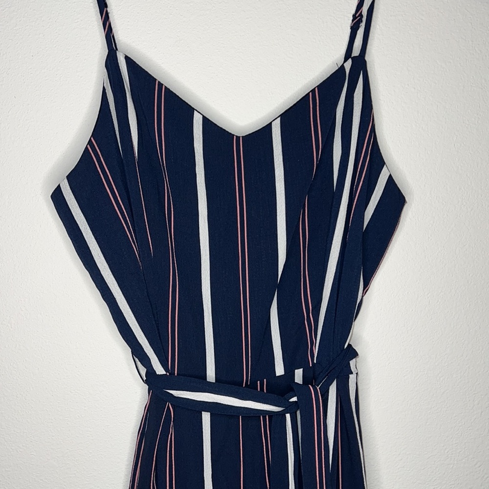 Monteau LA striped blue jumpsuit / romper long side slits wide leg pants Sz XL